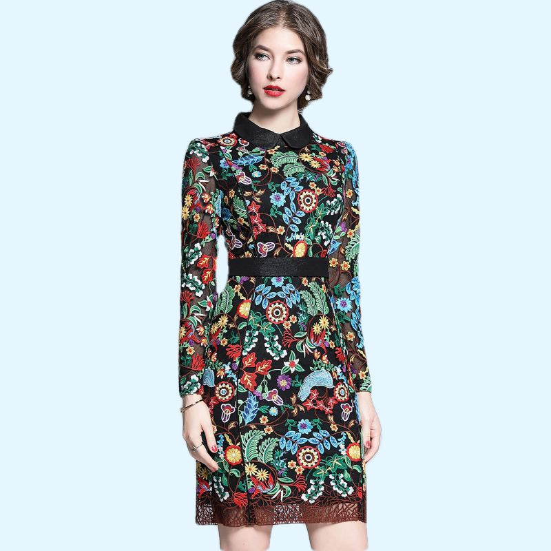 Sukienka retro w stylu lat 60 z koronką i kolorowymi kwiatami