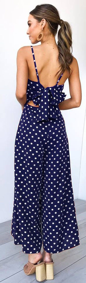 retro kombinezon w grochy polka dot granatowy