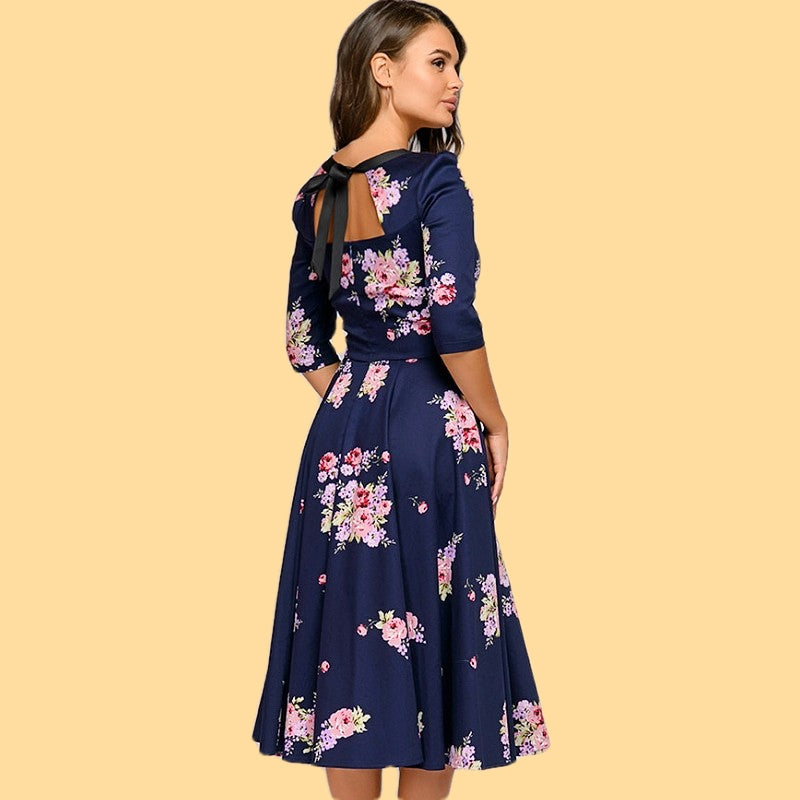 sukienka vintage lata 40 granatowa w kwiaty