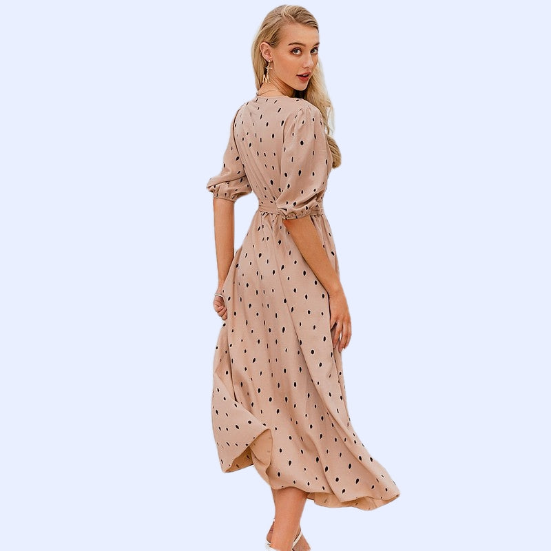 SukienkI Retro Kopertowa w Groszki Beżowa