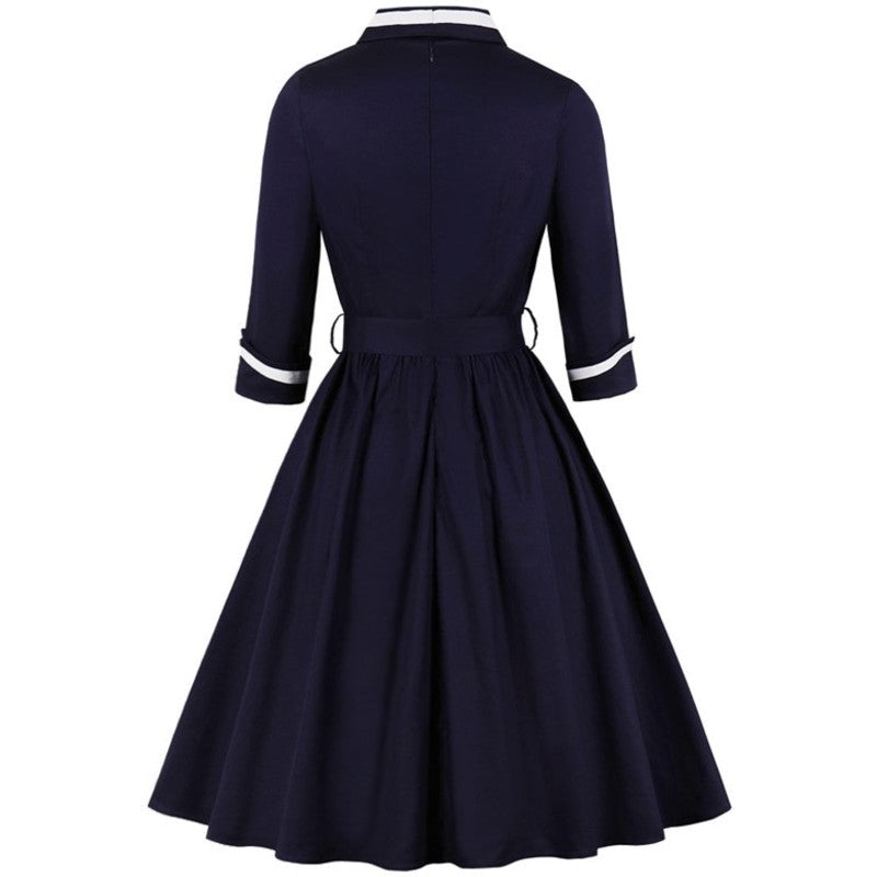 Sukienki Retro lata 40 z Kopertowym Dekoltem Granatowa