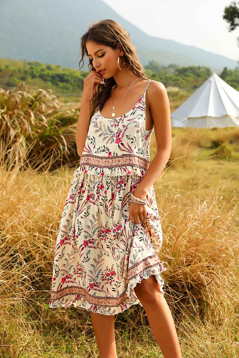 Sukienki Retro lata 70 Boho Midi Morelowa