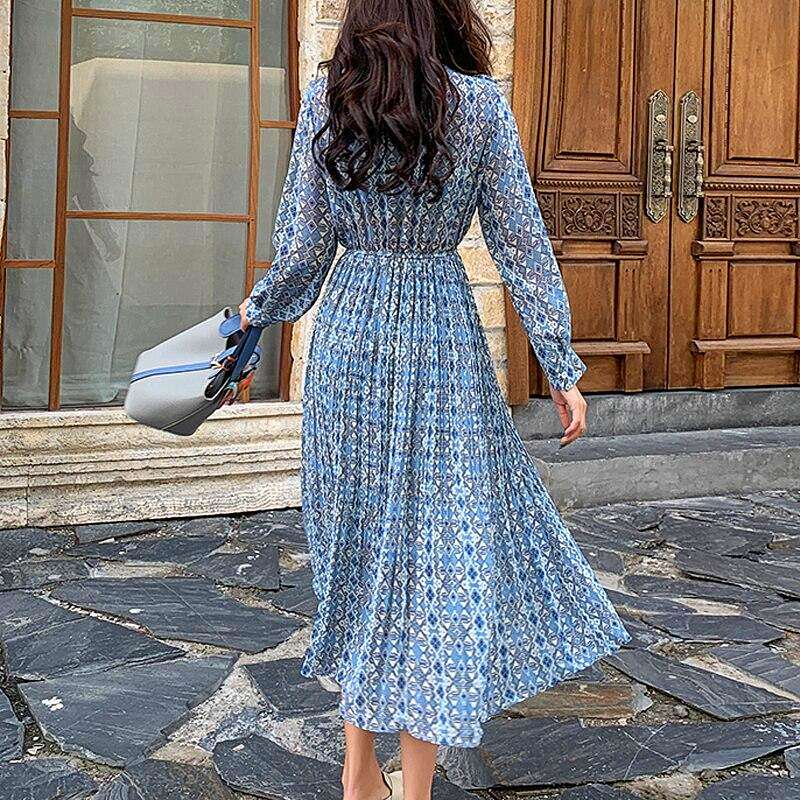 Sukienki Retro lata 70 Elegancka Niebieska