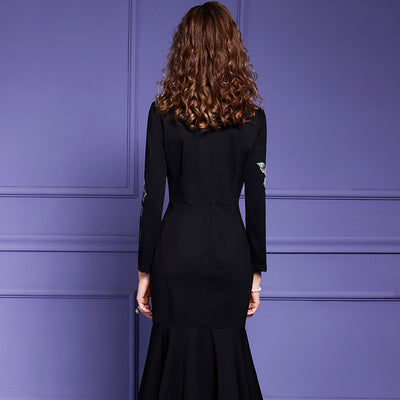 Czarna Elegancka Vintage Sukienka Haftem z