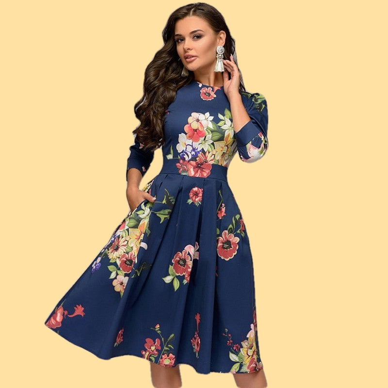 elegancka sukienka vintage w kwiaty niebieska